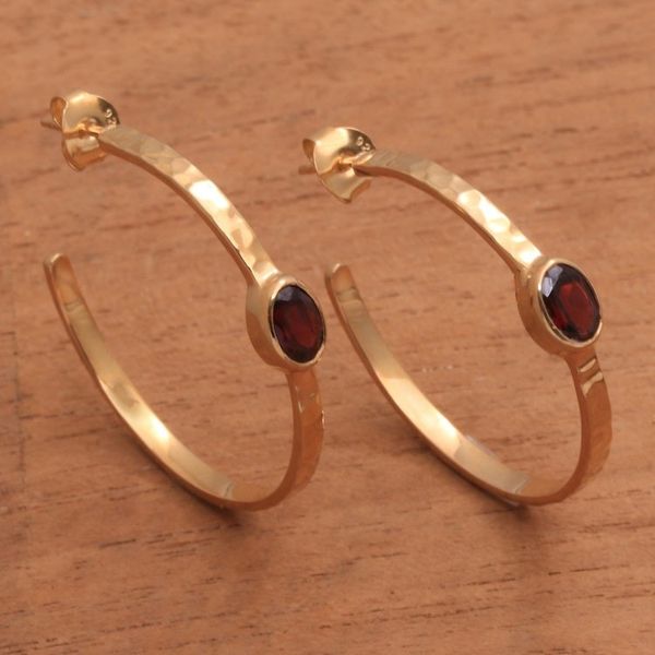 Alternate image for 18k Gold Plated Garnet Hammered Half-Hoop Earrings Paradox