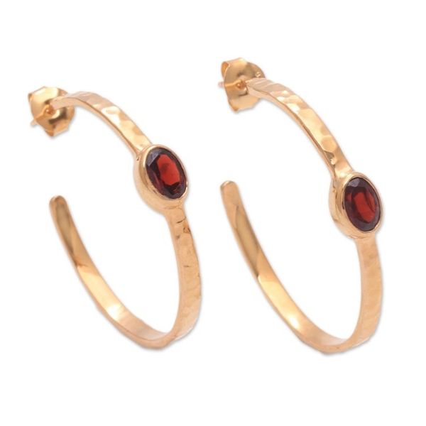 Alternate image for 18k Gold Plated Garnet Hammered Half-Hoop Earrings Paradox