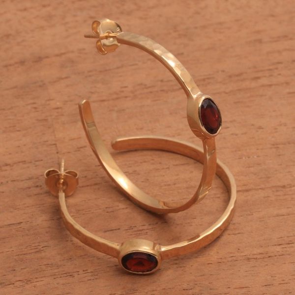 Alternate image for 18k Gold Plated Garnet Hammered Half-Hoop Earrings Paradox