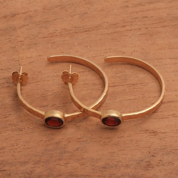 Alternate image for 18k Gold Plated Garnet Hammered Half-Hoop Earrings Paradox