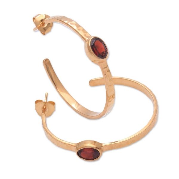 Alternate image for 18k Gold Plated Garnet Hammered Half-Hoop Earrings Paradox