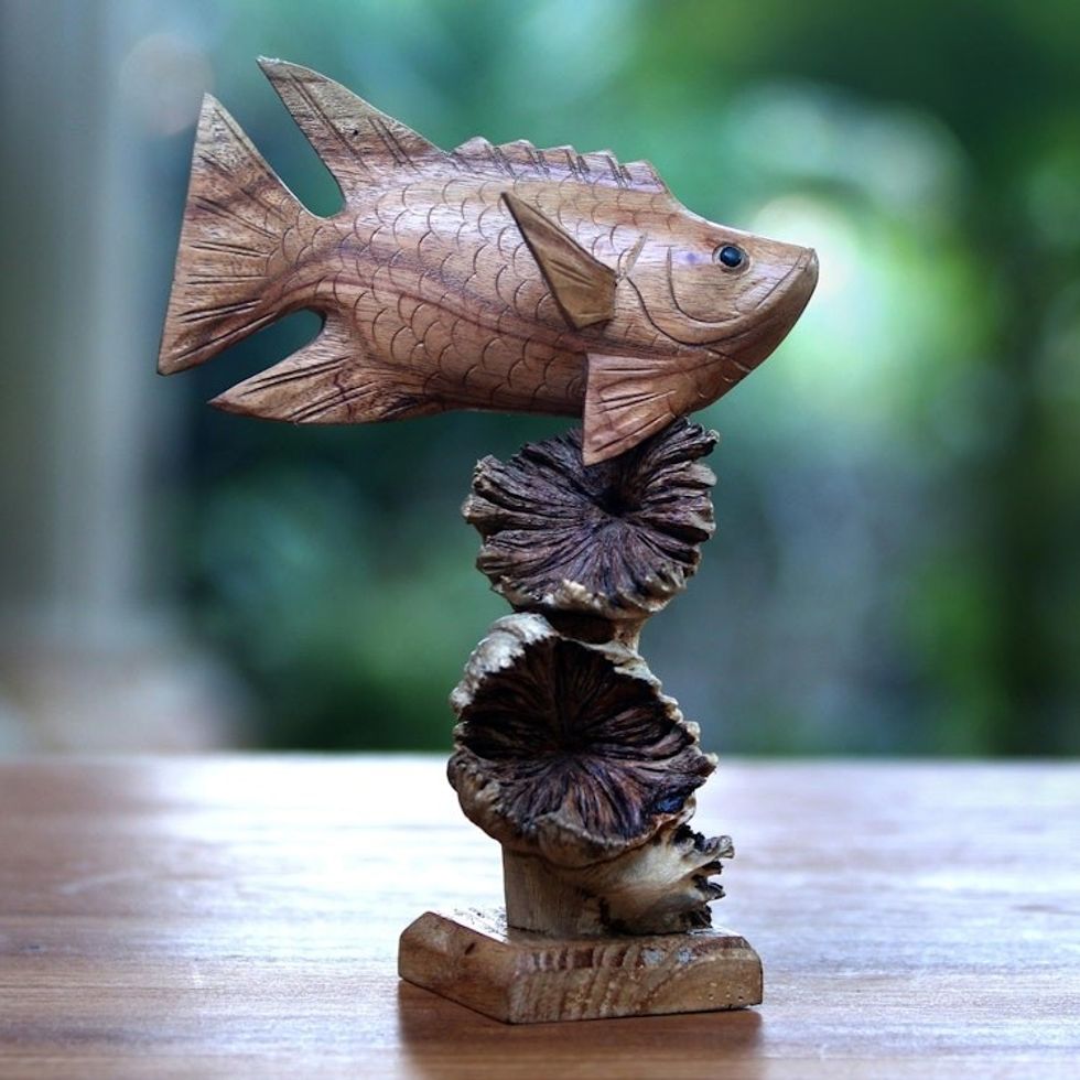 Hand-Carved Wood Dragonfish Sculpture from Bali 'Dragonfish Reef'