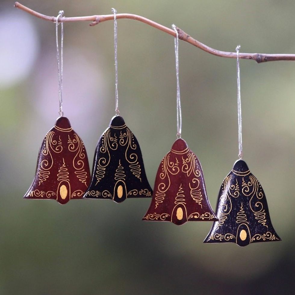 Mahogany Wood Hand Painted Bell Ornaments Set of 4 'Joyful Tolling'