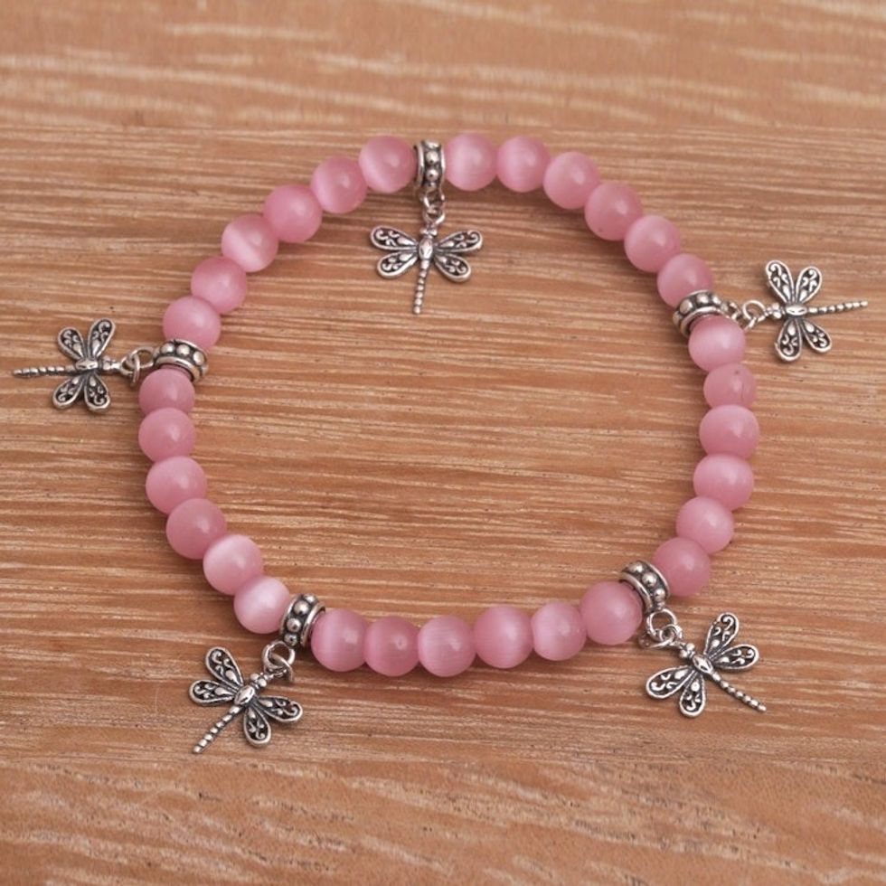 Cat's Eye Beaded Stretch Bracelet with Dragonfly Charms 'Dragonfly Blush'
