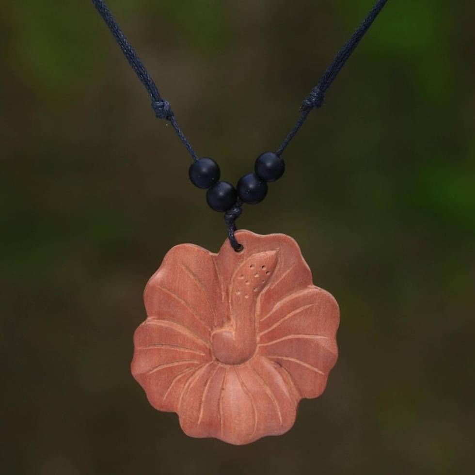 Light Brown Wood Hibiscus Flower Necklace from Bali 'Light Brown Shoe Flower'