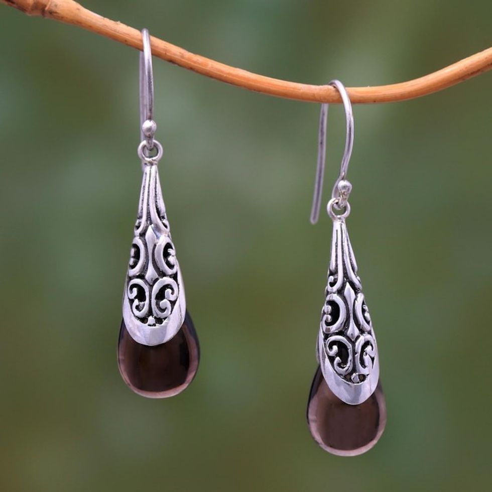 Weave Pattern Smoky Quartz Dangle Earrings from Bali 'Sanur Elegance'