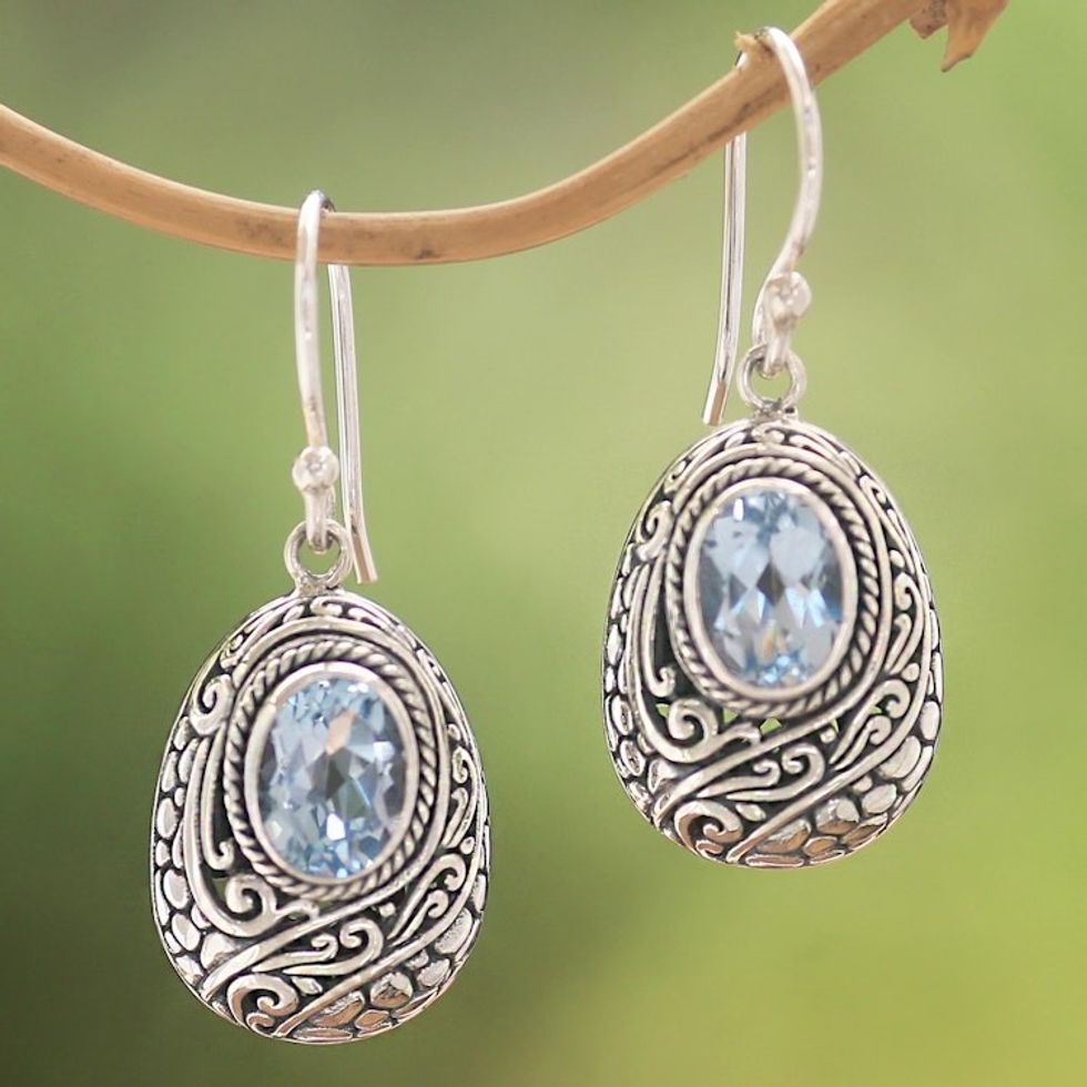 Vine Motif Blue Topaz Dangle Earrings from Bali 'Indah Vines'