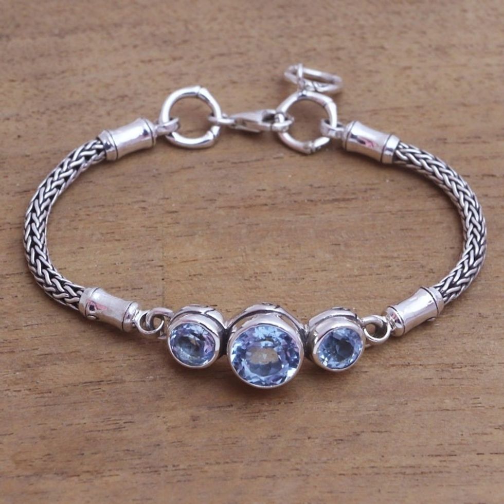 Bamboo Motif Blue Topaz Pendant Bracelet from Bali 'Mystic Bamboo'