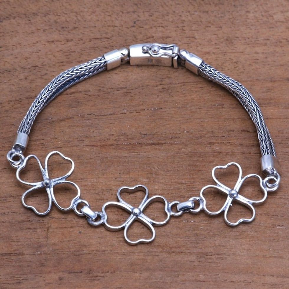 Four-Leaf Clover Sterling Silver Link Bracelet from Bali 'Clover Trio'