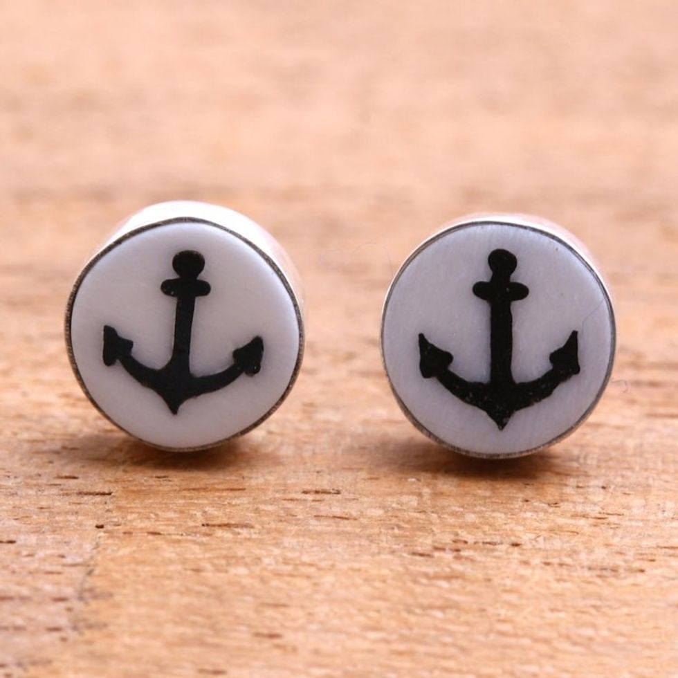 Anchor Motif Bone Stud Earrings from Bali 'Black Anchor'