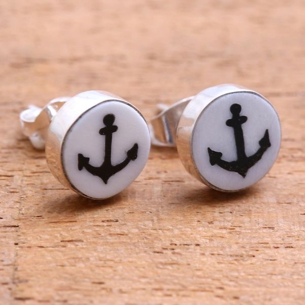 Alternate image for Anchor Motif Bone Stud Earrings from Bali Black Anchor