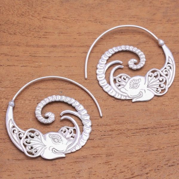 Alternate image for Sterling Silver Elephant Half-Hoop Earrings from Thailand Elephant Tendril