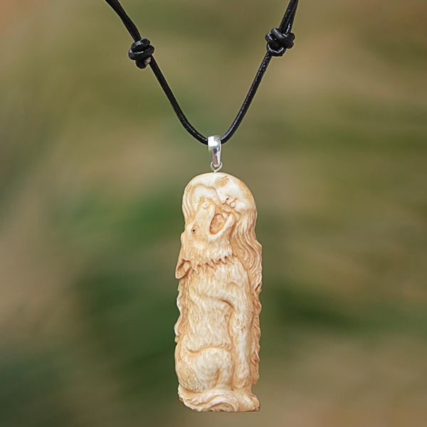 Alternate image for Wolf-Themed Bone Pendant Necklace from Bali Wolf Howl