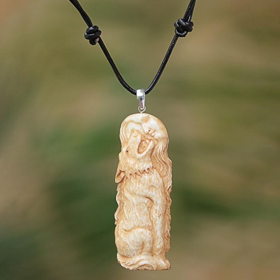 Wolf-Themed Bone Pendant Necklace from Bali 'Wolf Howl'