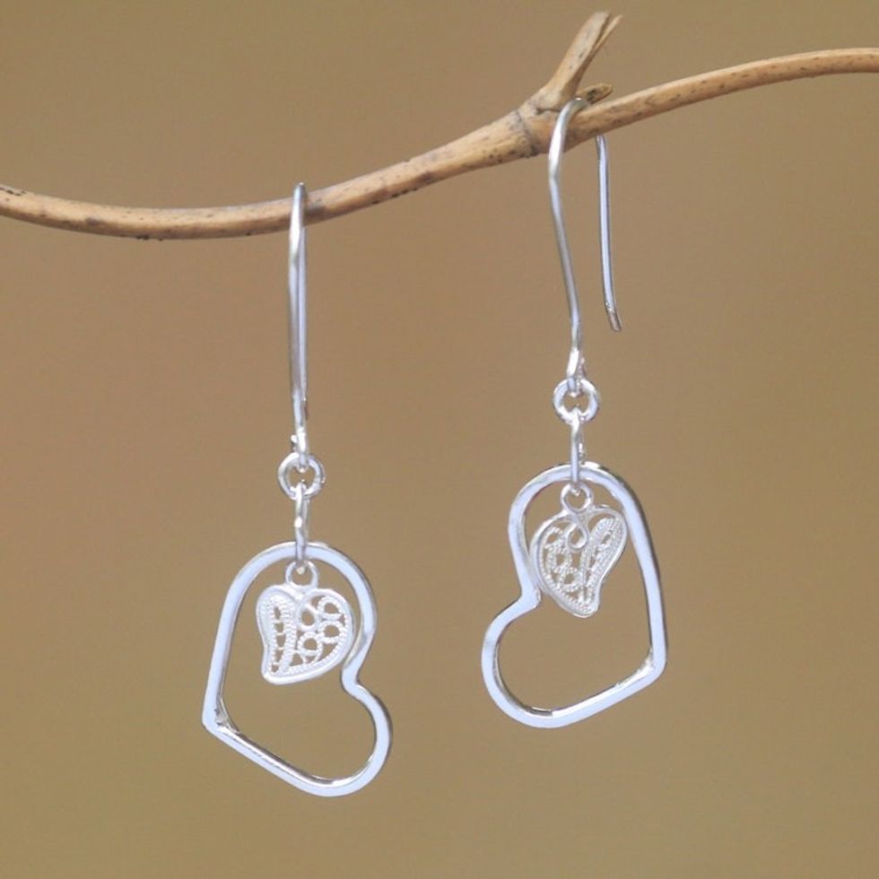 Sterling Silver Filigree Heart Earrings from Java 'In Your Heart'