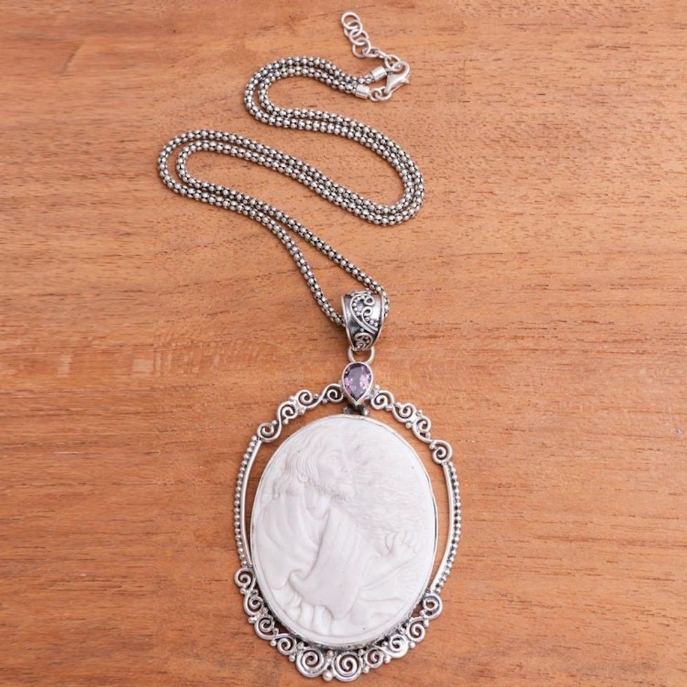 Amethyst and Bone Jesus Pendant Necklace from Java 'Gethsemane Prayer'