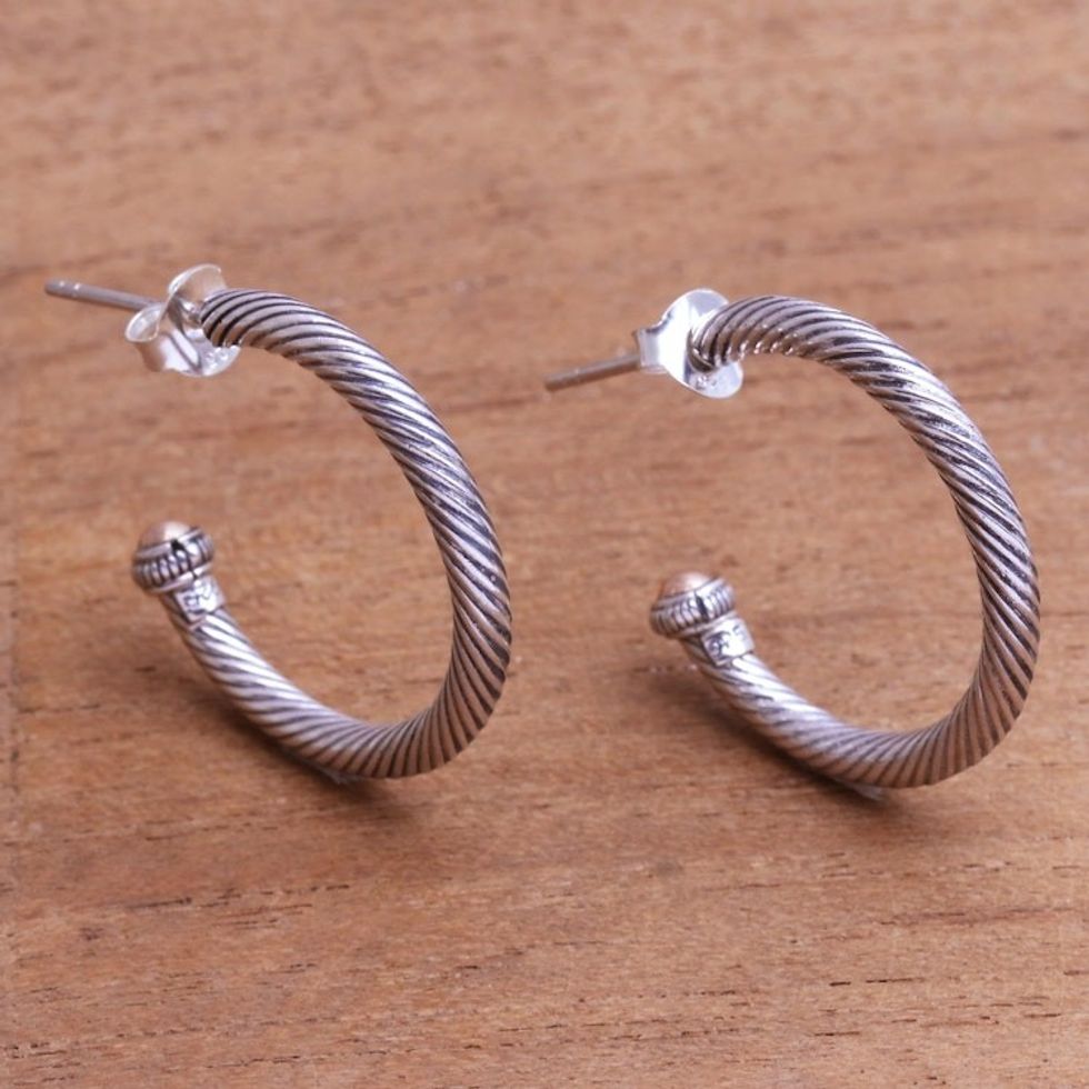Gold-Accented Sterling Silver Half-Hoop Earrings from Bali 'Looping Rope'