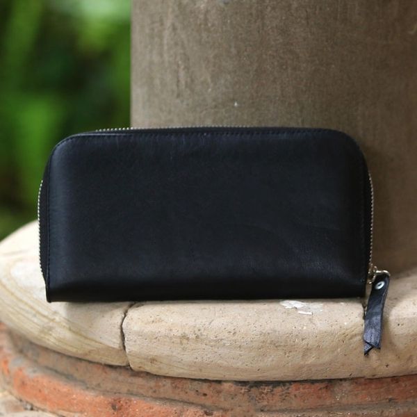 Alternate image for Solid Leather Clutch in Black Crafted in Bali Polosan Black