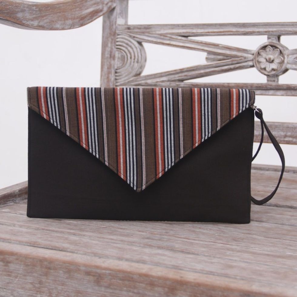 Brown and Orange Cotton Wristlet Clutch with Interior Pocket 'Lurik Amplop Brown'