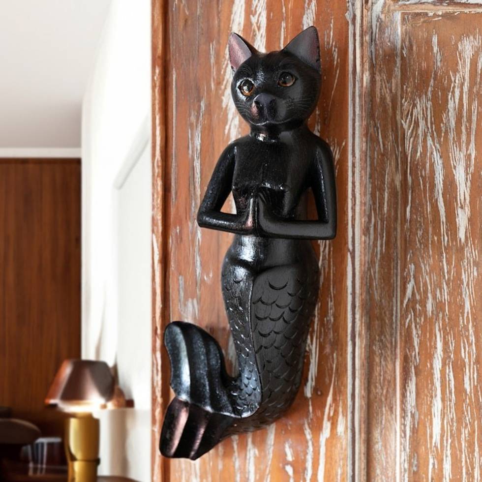 Black Suar Wood Mermaid Cat Wall Sculpture from Bali 'Black Mermaid Cat'