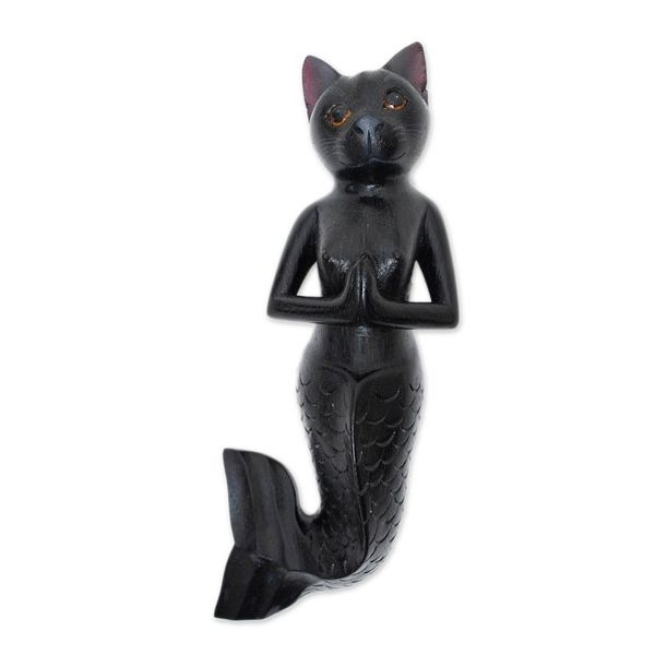 Alternate image for Black Suar Wood Mermaid Cat Wall Sculpture from Bali Black Mermaid Cat
