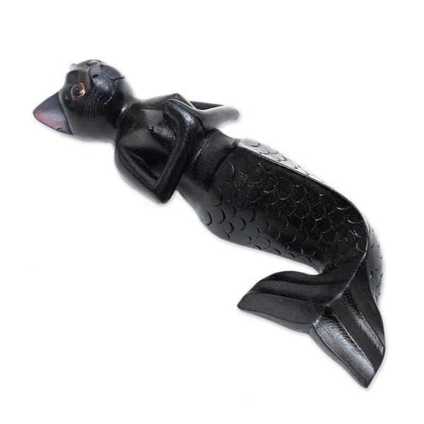 Alternate image for Black Suar Wood Mermaid Cat Wall Sculpture from Bali Black Mermaid Cat