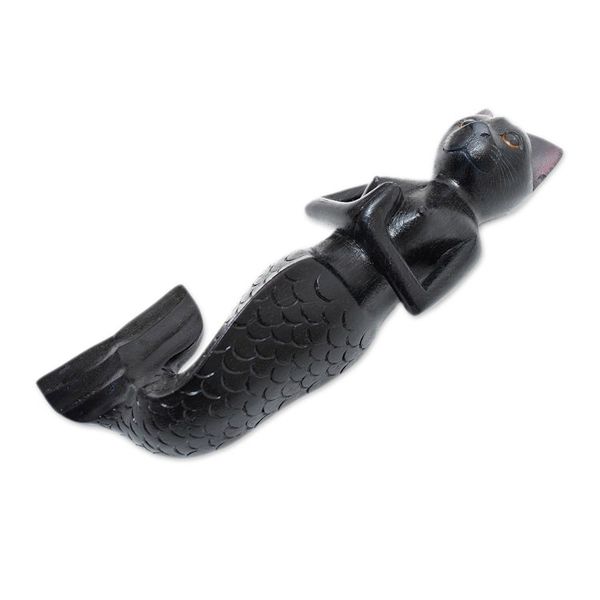 Alternate image for Black Suar Wood Mermaid Cat Wall Sculpture from Bali Black Mermaid Cat