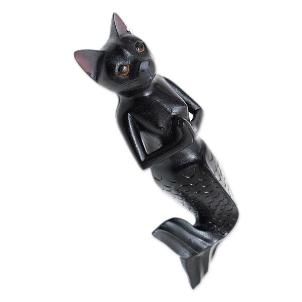 Alternate image for Black Suar Wood Mermaid Cat Wall Sculpture from Bali Black Mermaid Cat