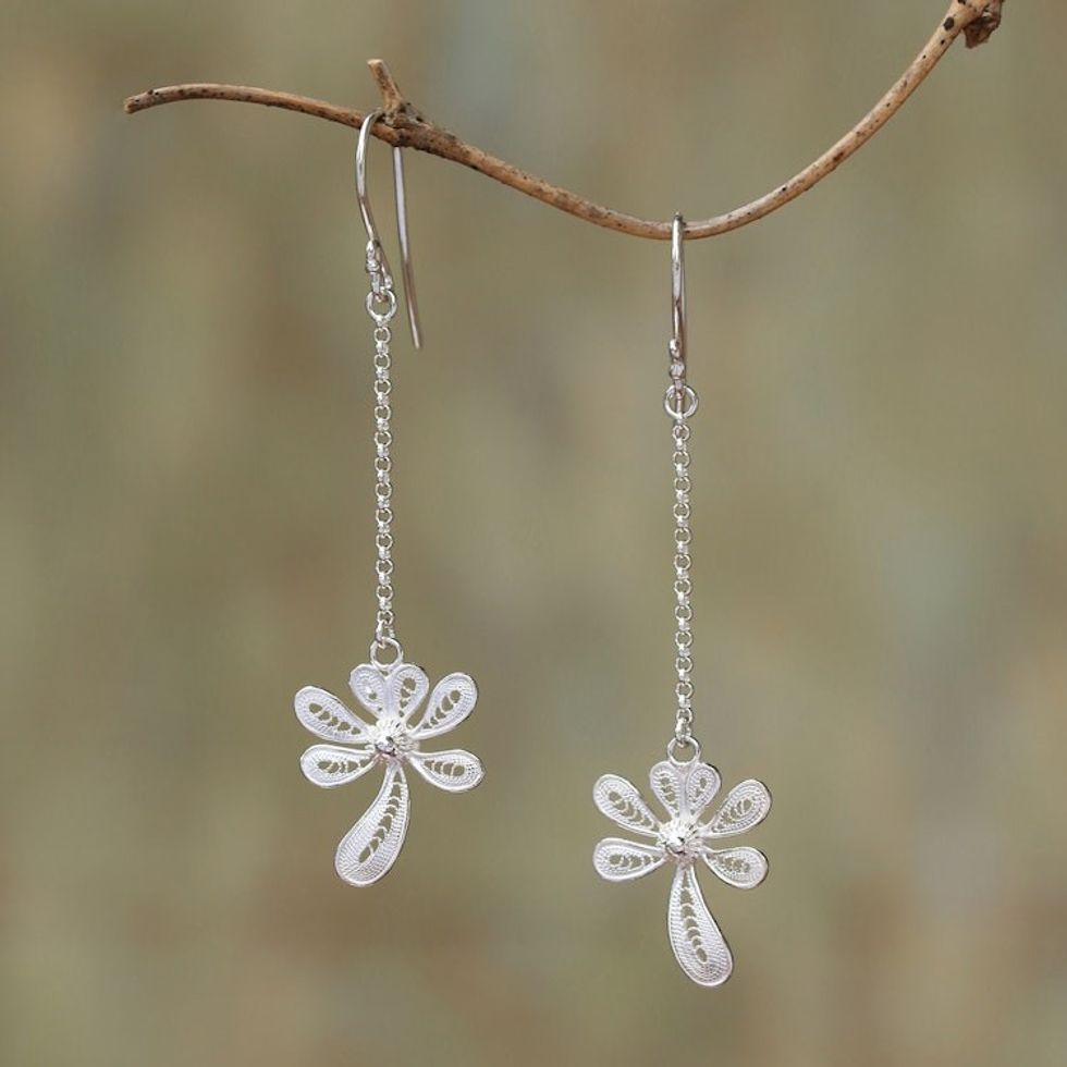 Sterling Silver Filigree Dangle Earrings Crafted in Java 'Wondrous Kinjeng'