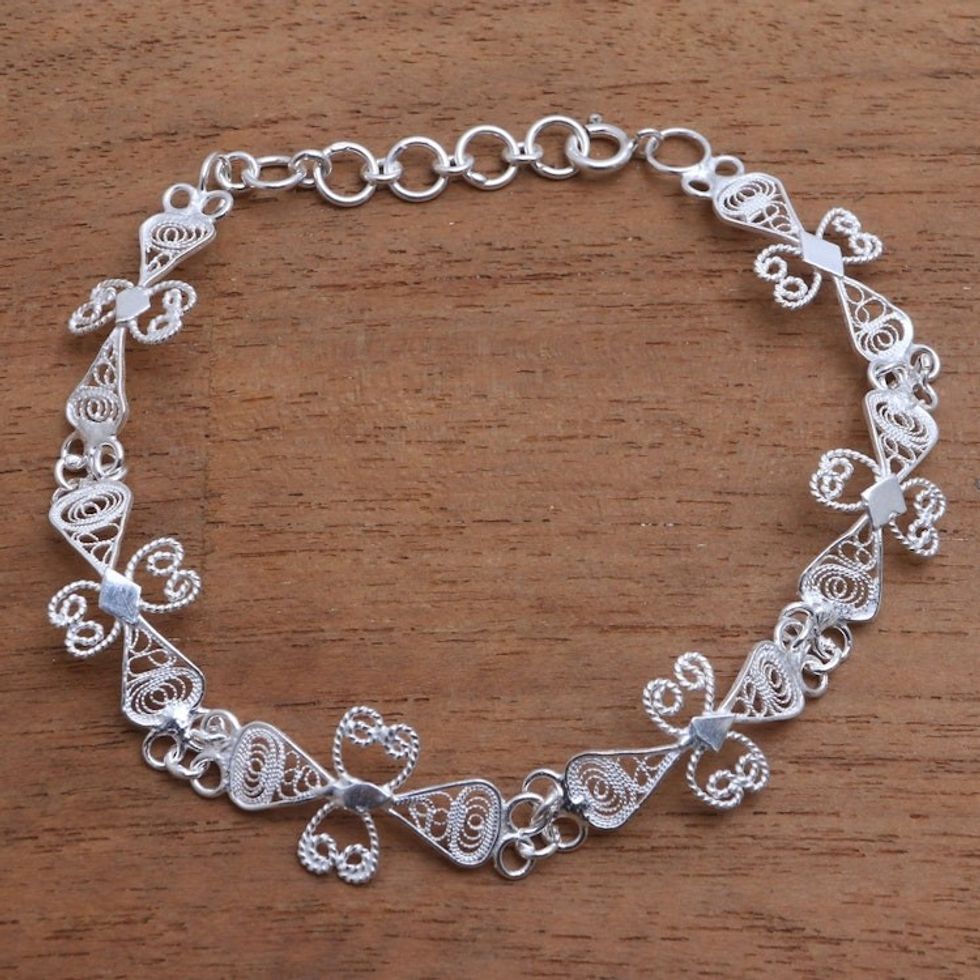 Sterling Silver Filigree Ribbon Link Bracelet from Java 'Ribbon Charm'
