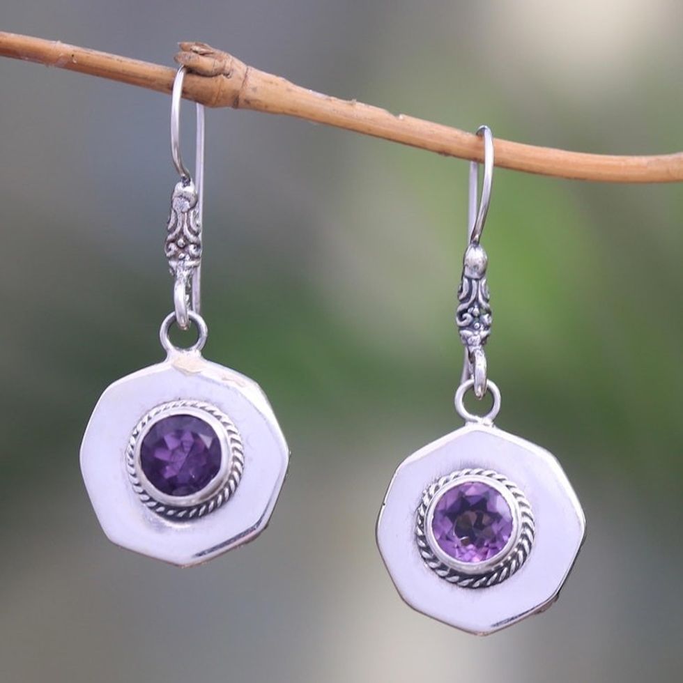 Circular Amethyst Dangle Earrings from Bali 'Gleaming Lanterns'