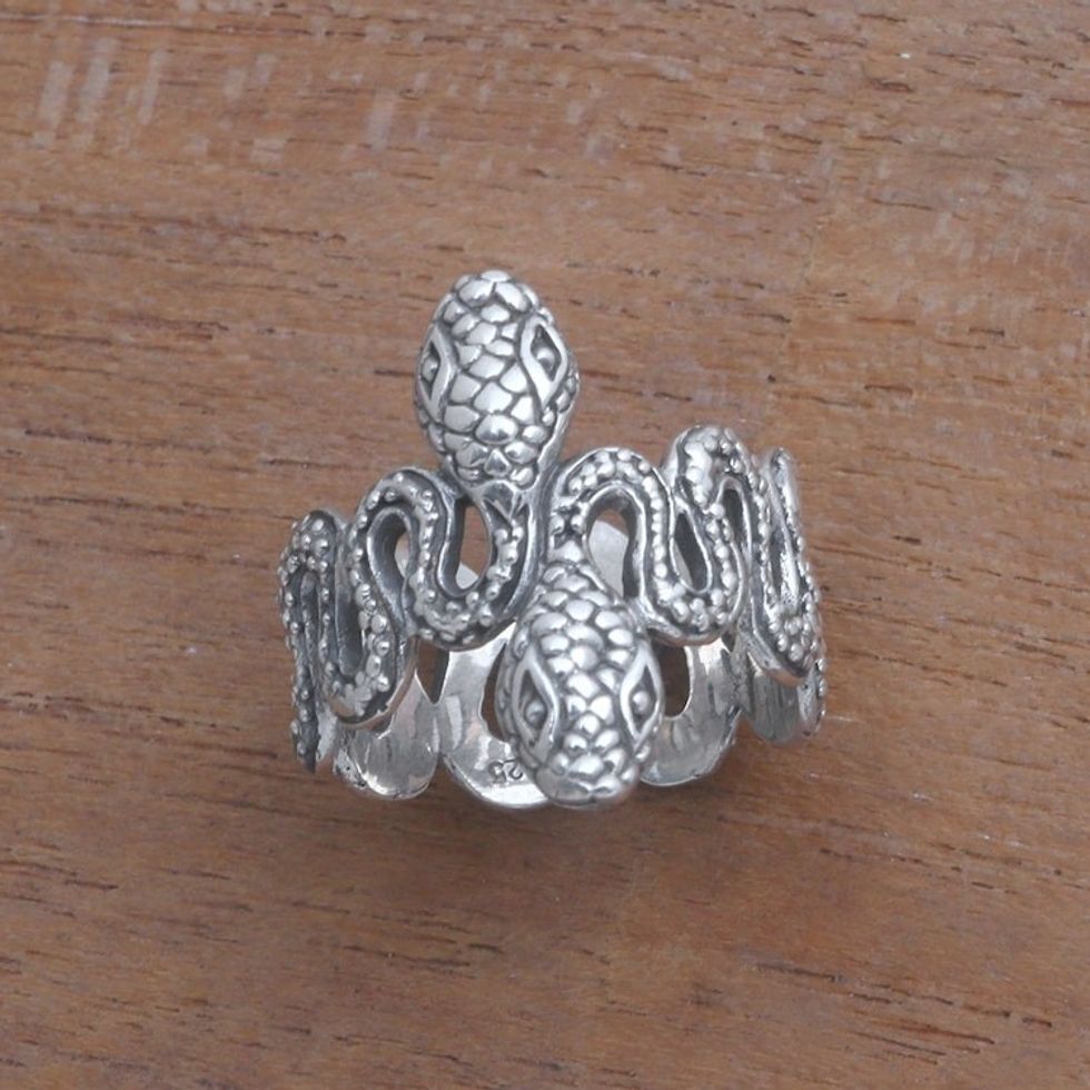 Sterling Silver Snake Band Ring from Bali 'Snake Twins'