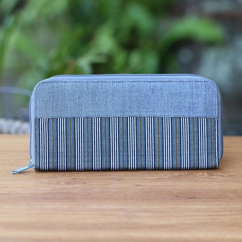 Hand Woven Grey Striped Cotton Wallet with Zipper Closure 'Humble Lurik Grey'