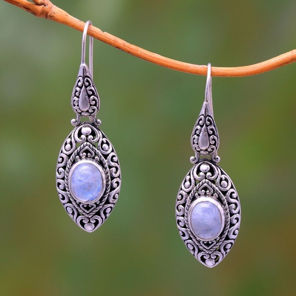 Natural Rainbow Moonstone Dangle Earrings from Bali 'Precious Canoes'