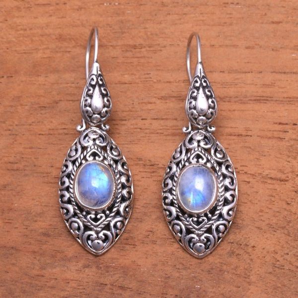 Alternate image for Natural Rainbow Moonstone Dangle Earrings from Bali Precious Canoes