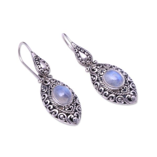 Alternate image for Natural Rainbow Moonstone Dangle Earrings from Bali Precious Canoes