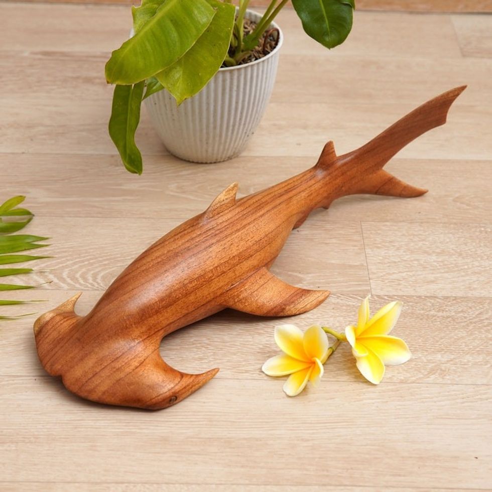 Jempinis Wood Hammerhead Shark Sculpture from Bali 'Ocean Hunter'