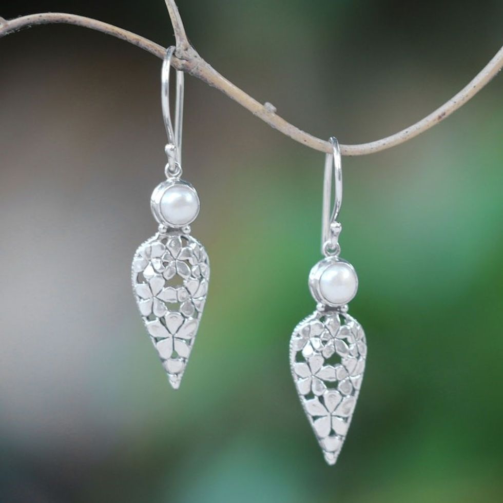 Floral Cultured Pearl Dangle Earrings Crafted in Bali 'Jepun Blades'