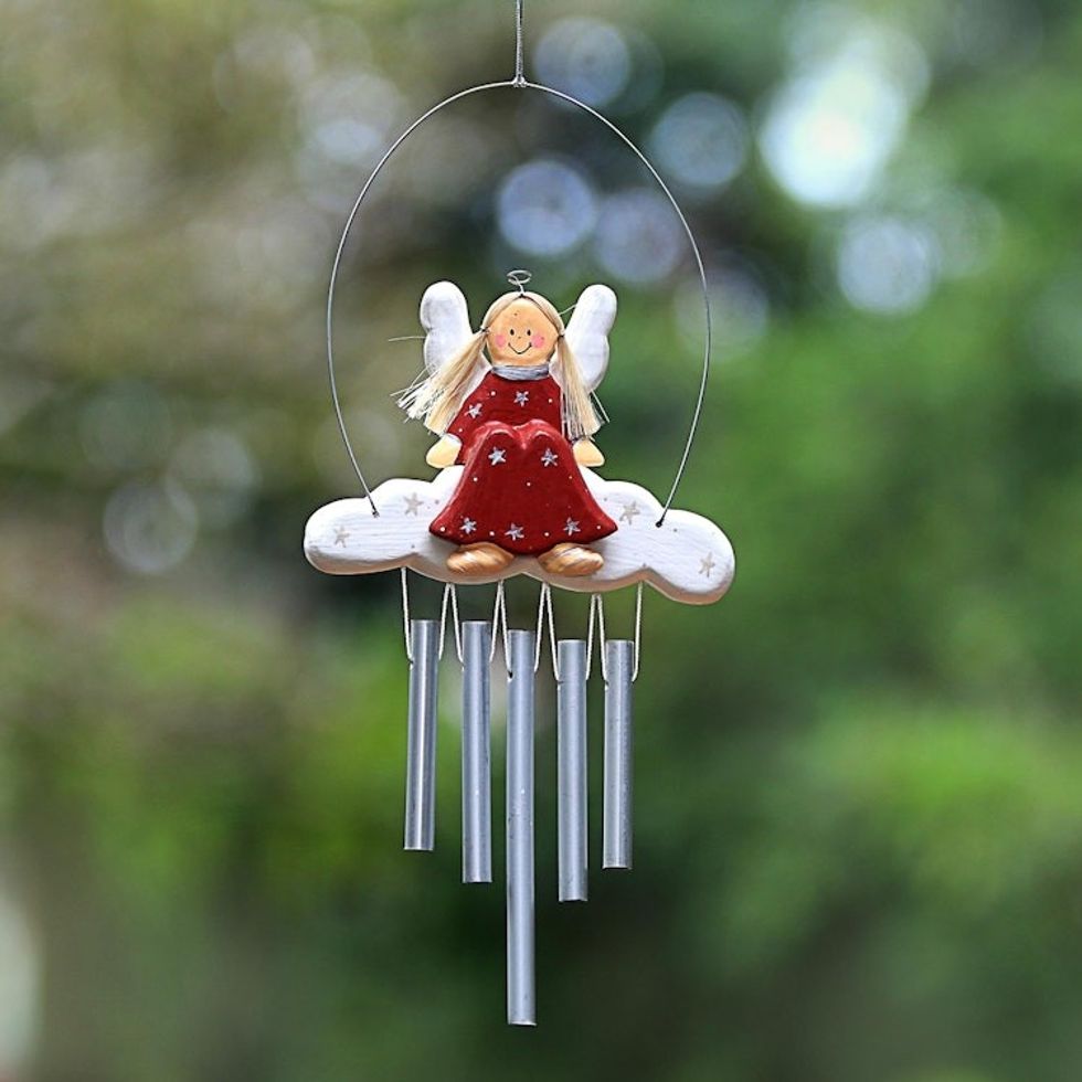 Angel-Themed Wood Wind Chimes in Red from Bali 'Angel Tune in Red'