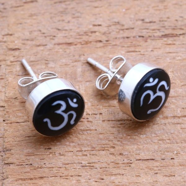 Alternate image for Om Motif Bone Stud Earrings Crafted in Bali Word of Om