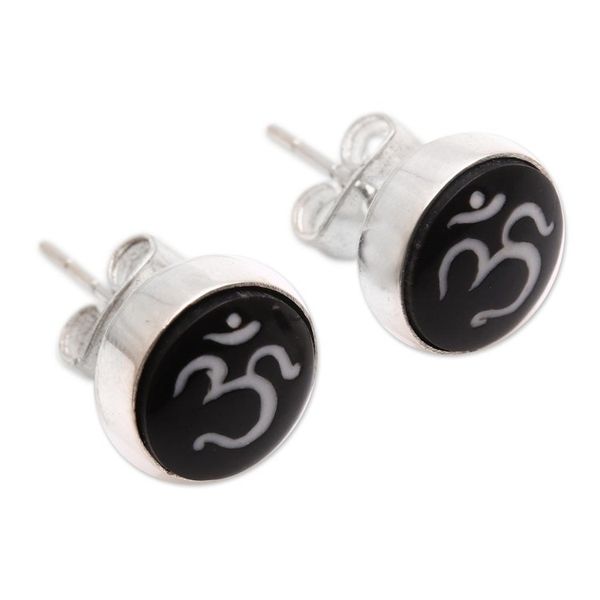 Alternate image for Om Motif Bone Stud Earrings Crafted in Bali Word of Om
