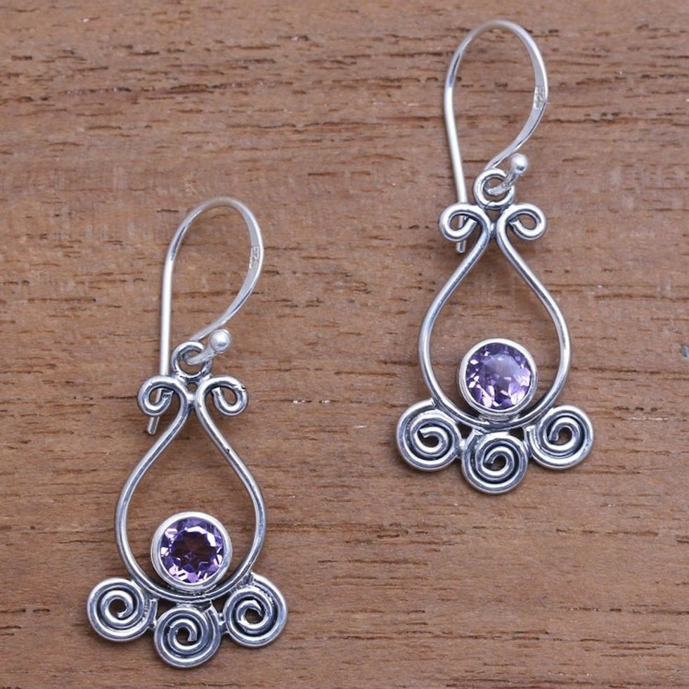 Spiral Pattern Amethyst Dangle Earrings from Bali 'Spiral Sparkle'