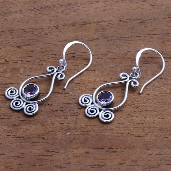 Alternate image for Spiral Pattern Amethyst Dangle Earrings from Bali Spiral Sparkle