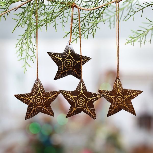 Alternate image for Set of 4 Handmade Brown Coconut Shell Star Ornaments Bright Lights in the Sky