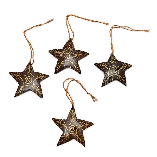 Alternate image for Set of 4 Handmade Brown Coconut Shell Star Ornaments Bright Lights in the Sky
