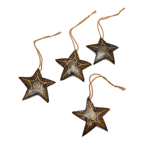 Alternate image for Set of 4 Handmade Brown Coconut Shell Star Ornaments Bright Lights in the Sky
