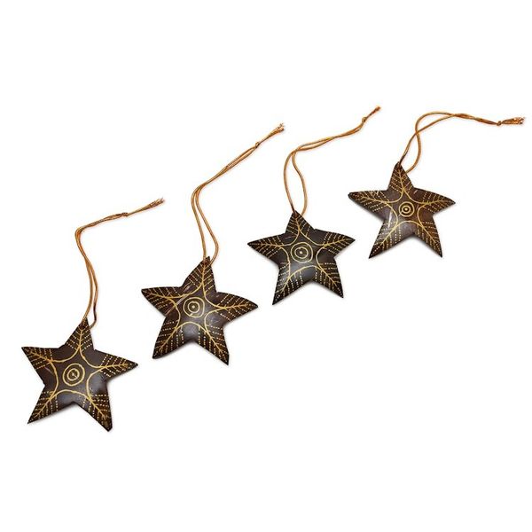 Alternate image for Set of 4 Handmade Brown Coconut Shell Star Ornaments Bright Lights in the Sky