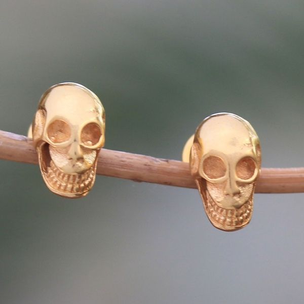 Alternate image for Gold Plated Sterling Silver Skull Earrings from Bali Skull Kingdom