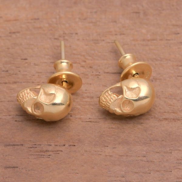 Alternate image for Gold Plated Sterling Silver Skull Earrings from Bali Skull Kingdom