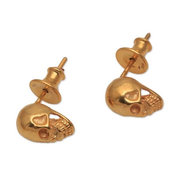 Alternate image for Gold Plated Sterling Silver Skull Earrings from Bali Skull Kingdom